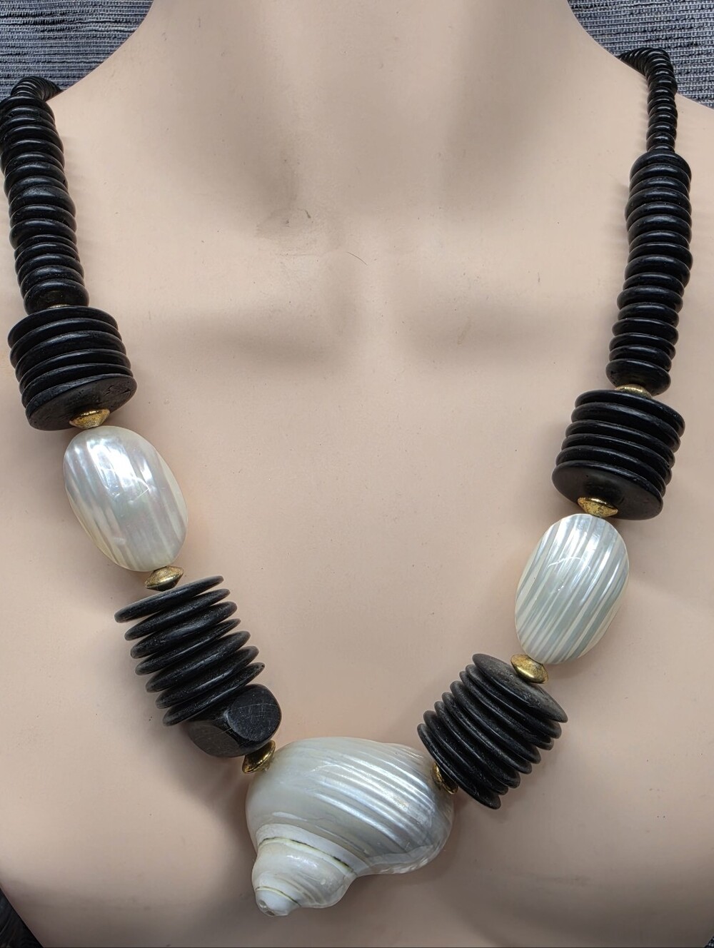 Artisan Tribal Shell & Black Wood Statement Necklace – 26"